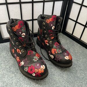 Timberland Black and Red Combat Boots with Sturdy Sole